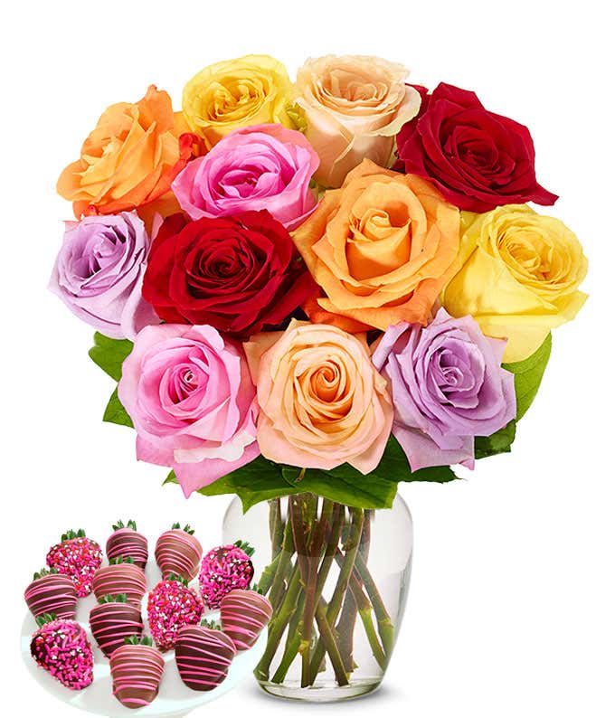 One Dozen Rainbow Roses with Chocolate Strawberries for Mom