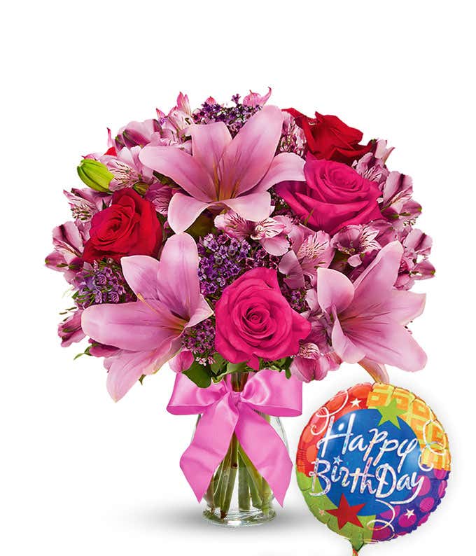 Rose & Lily Celebration with Birthday Balloon