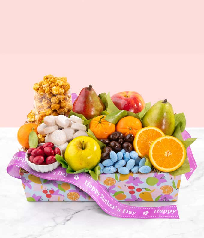 Image: Sweet Serenade Mother's Day Gift Basket featuring Dark Chocolate Almonds, Butter Toffee Mixed Nuts, Mandarins, Seasonal Red Apple, Red D'Anjou Pear, Bosc Pear, Granny Smith Apple, Navel Orange, Green D'Anjou Pears, Almond Tea Cookies, Dark Chocolat
