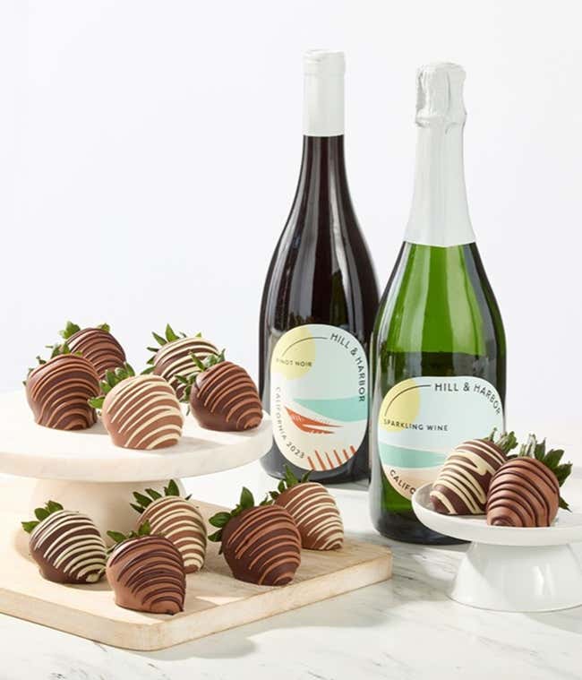 One dozen chocolate covered strawberries and two bottles of wine by Hill and Harbor - Pinot Noir and Sparkling Wine