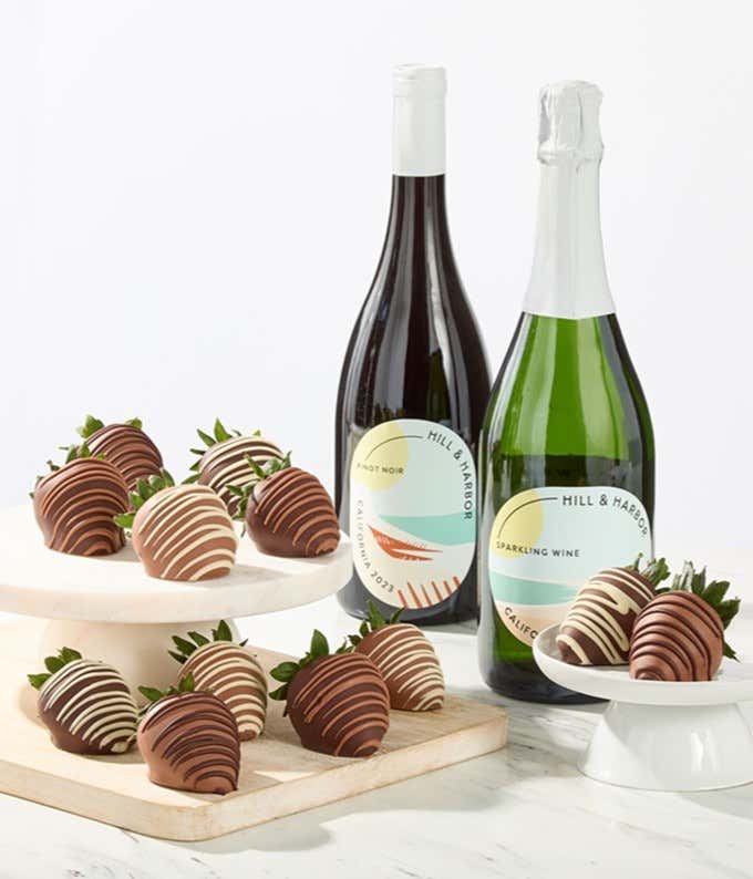 One dozen chocolate covered strawberries and two bottles of wine by Hill and Harbor - Pinot Noir and Sparkling Wine
