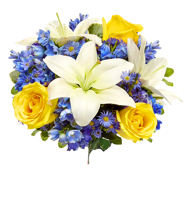 Partial image of An elegant floral arrangement featuring white Asiatic lilies, yellow roses, blue delphinium, and purple Monte Casino, optionally arranged in a glass vase. This vibrant mix offers a stunning and colorful display. without vase.