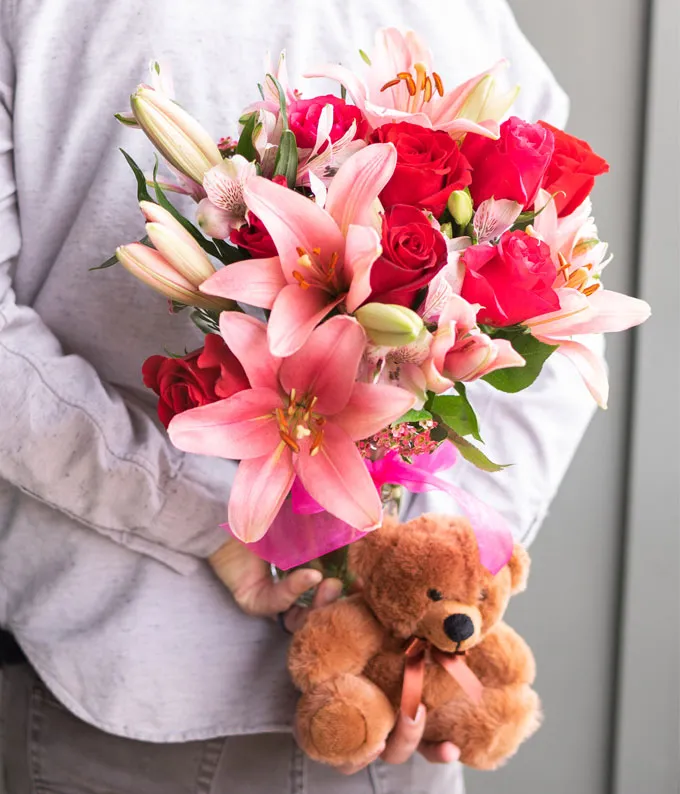 Rose and Lily Celebration with Teddy Bear